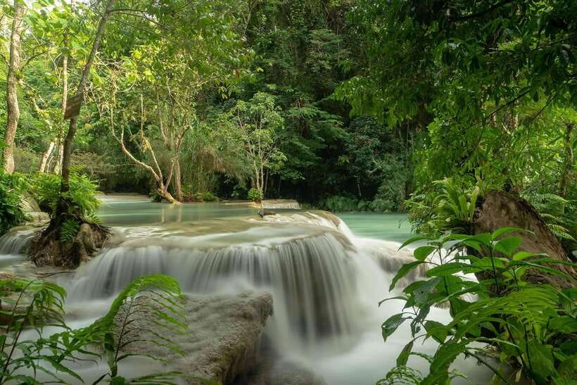 Kuang Si Waterfall, Tree Top Cafe, Ziplining - First look at Kuang Si Falls