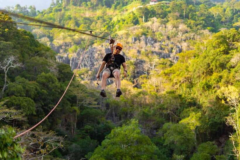 Kuang Si Waterfall, Tree Top Cafe, Ziplining - Swimming in the turquoise pools